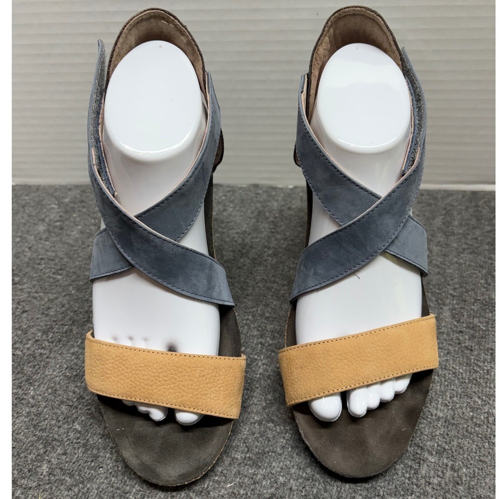 Naot Women Leather Wedge Sandals Colorblock Blue Tan Brown Sz 40 Made in Israel